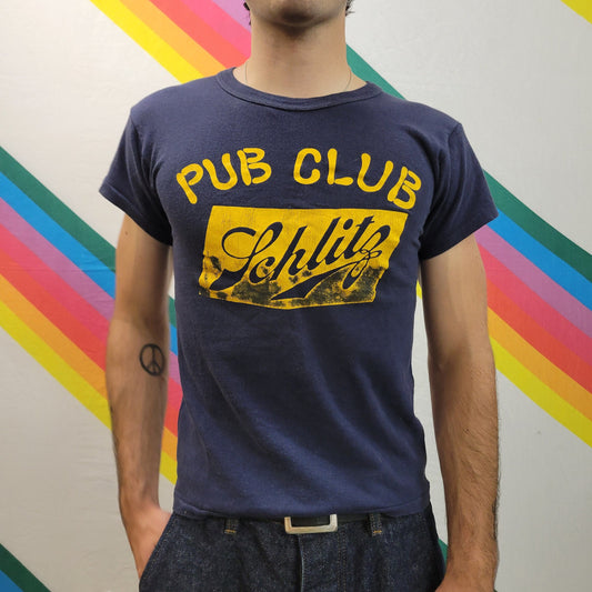 vtg 70s SCHLITZ BEER TSHIRT // vintage single stitch wisconsin brewery pub club beer tight cute fit french cut blue cotton small russell tee