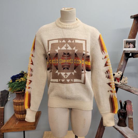 vtg 70s GEOMETRIC PATTERN SWEATER /vintage jcpenney medium mens warm tones sunset colors pendleton style southwestern autumn winter fashion