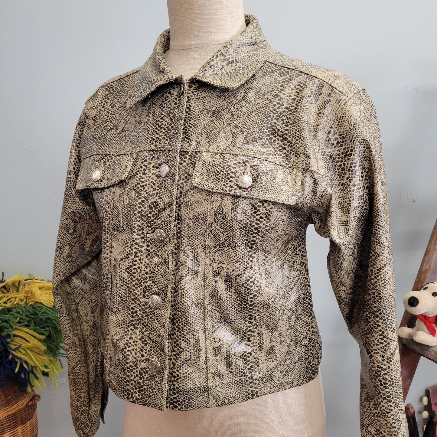 vtg 90s SNAKE SKIN JACKET // vintage spirit of denim usa large womens reptile vinyl faux leather pleather cropped y2k animal print 200s top