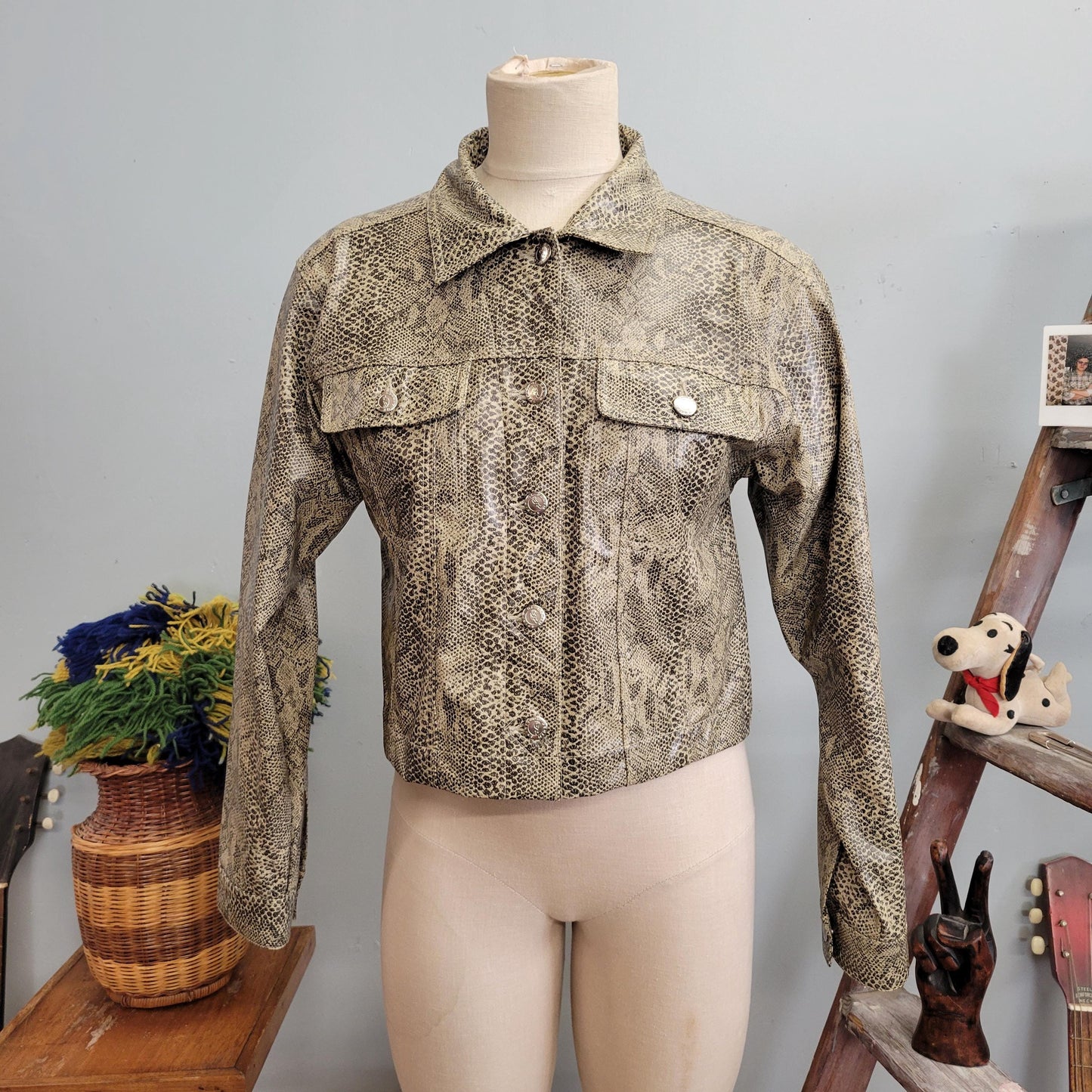 vtg 90s SNAKE SKIN JACKET // vintage spirit of denim usa large womens reptile vinyl faux leather pleather cropped y2k animal print 200s top