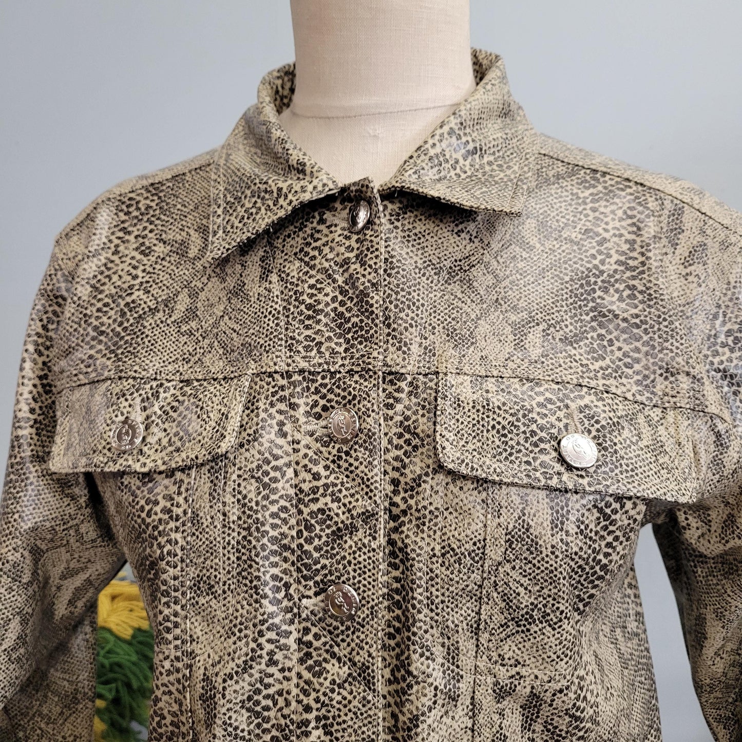 vtg 90s SNAKE SKIN JACKET // vintage spirit of denim usa large womens reptile vinyl faux leather pleather cropped y2k animal print 200s top