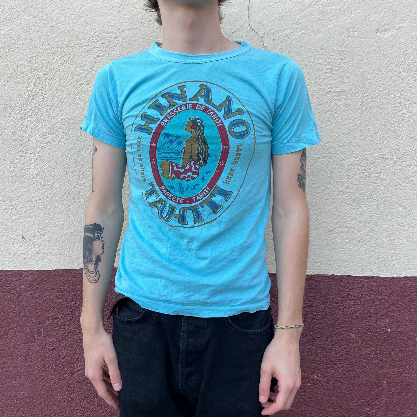 vtg 70sHINANO BEER POLYNESIAN Shirt // vintage graphic tee french cut femme paper thin retro tshirt Arii Tahiti all cotton lady print top