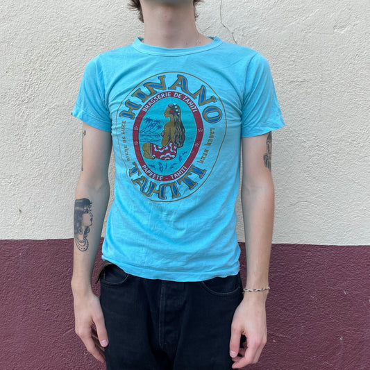 vtg 70sHINANO BEER POLYNESIAN Shirt // vintage graphic tee french cut femme paper thin retro tshirt Arii Tahiti all cotton lady print top