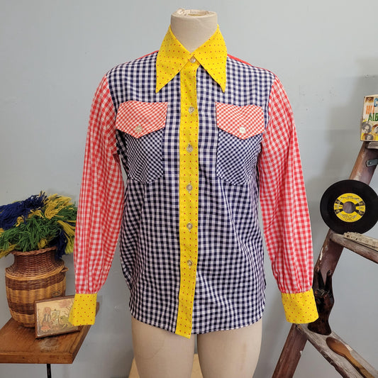 vtg 70s LADY WRANGLER SHIRT // vintage western top size 36 medium womens primary colors polka dot retro mod clown core hippie gingham plaid