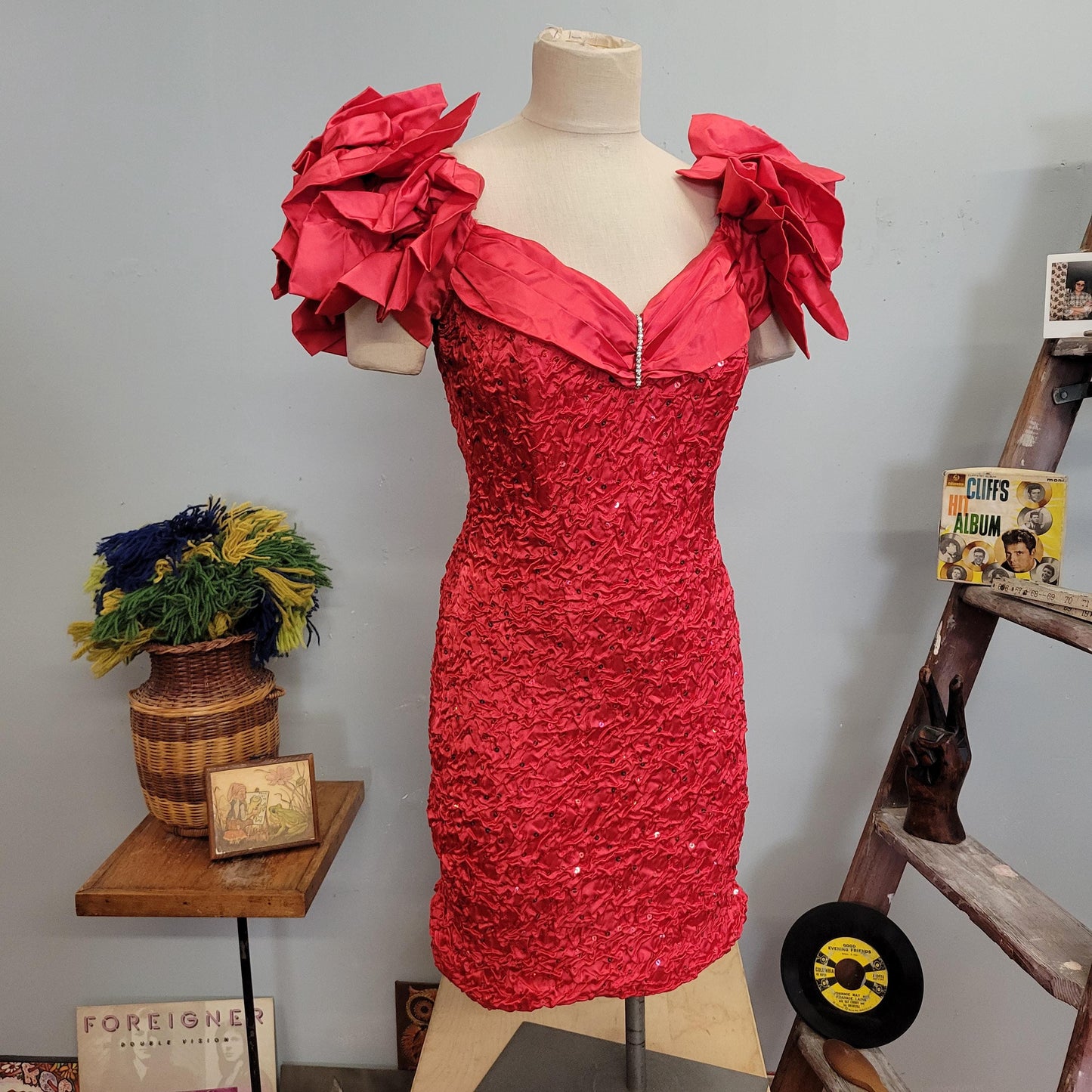 vtg 80s RED FORMAL DRESS // vintage zum zum 11/12 womens small big poofy sleeve fancy party statement piece sweetheart crinkly wiggle dress