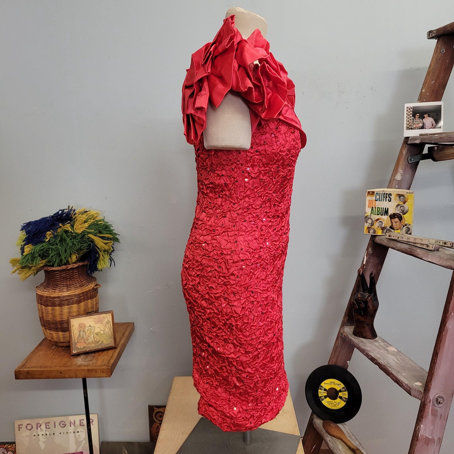 vtg 80s RED FORMAL DRESS // vintage zum zum 11/12 womens small big poofy sleeve fancy party statement piece sweetheart crinkly wiggle dress