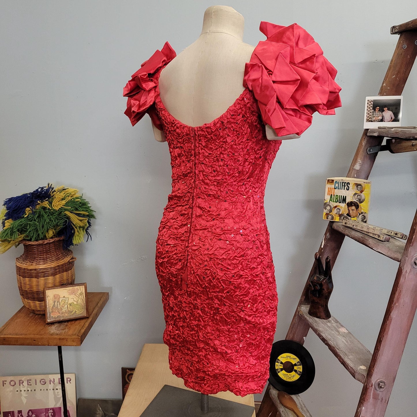 vtg 80s RED FORMAL DRESS // vintage zum zum 11/12 womens small big poofy sleeve fancy party statement piece sweetheart crinkly wiggle dress