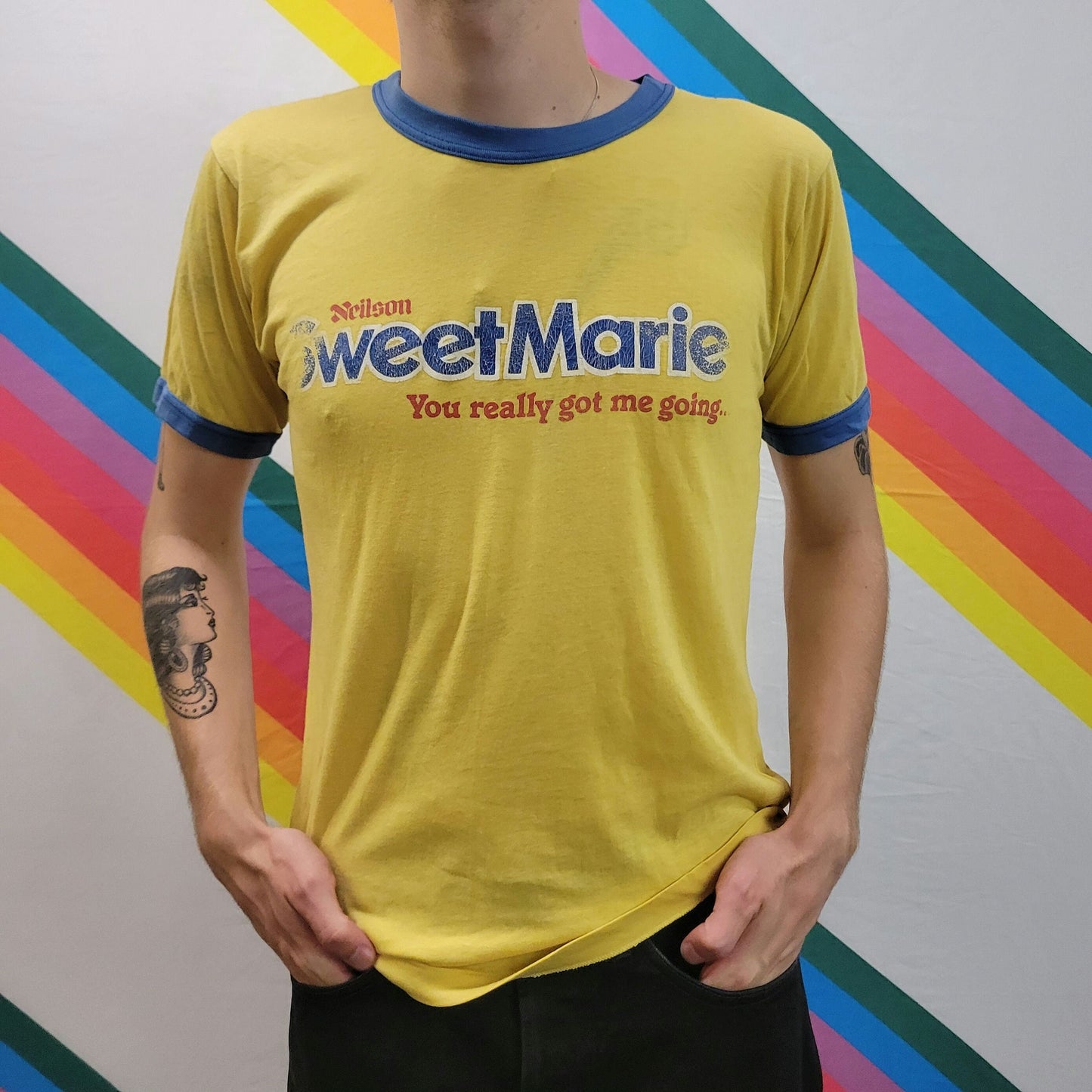 vtg 80s SWEET MARIE RINGER tshirt // vintage rare candy discontinued snack shirt paper thin comfy  distressed worn threadbare retro slogan