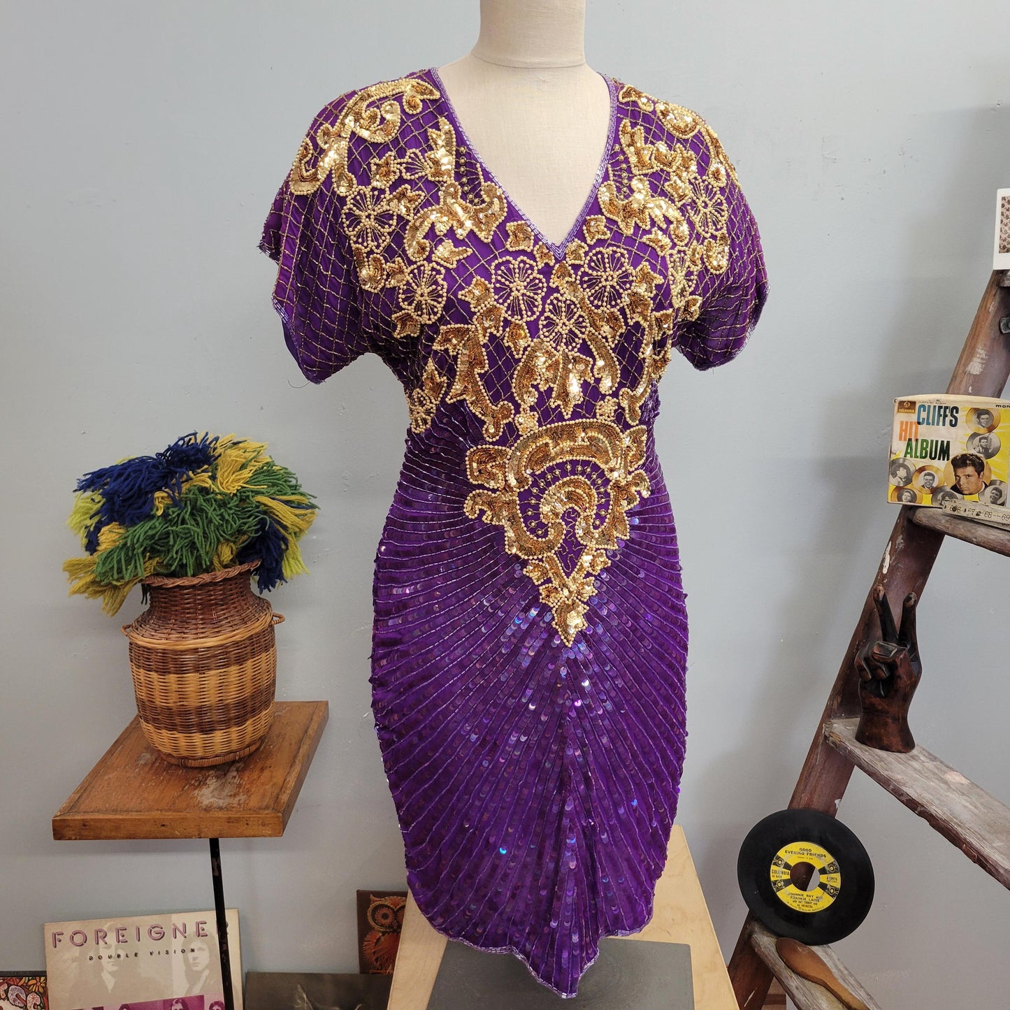 vtg 80s BEADED SILK DRESS // vintage pantagis medium womens gold fully sequined purple jewel statement avant garde dynasty style party event