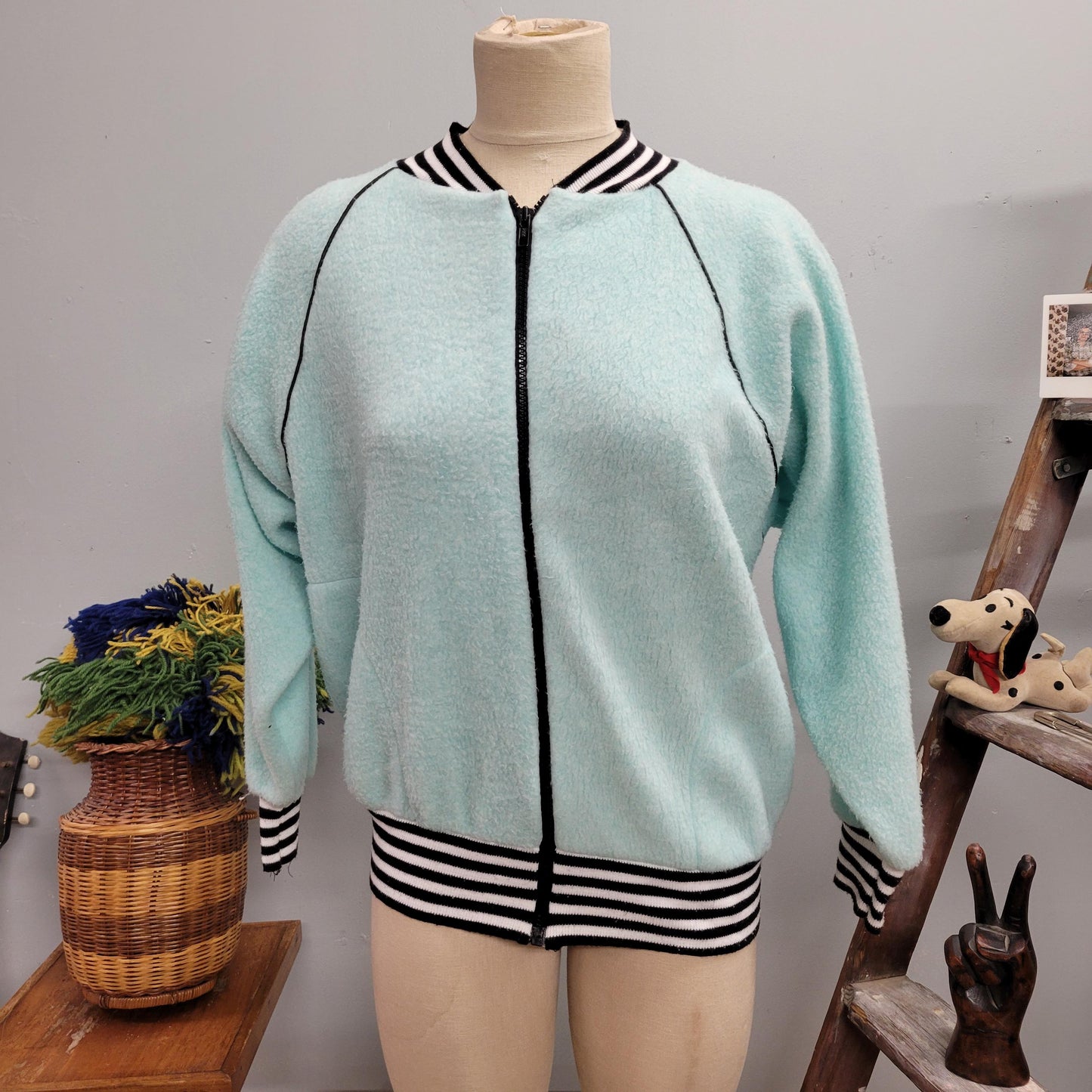 vtg 80s BLUE STRIPED FLEECE Jacket // vintage apple sider large unisex retro soft zip up sweater pastel black striped ringer jacket cozy top
