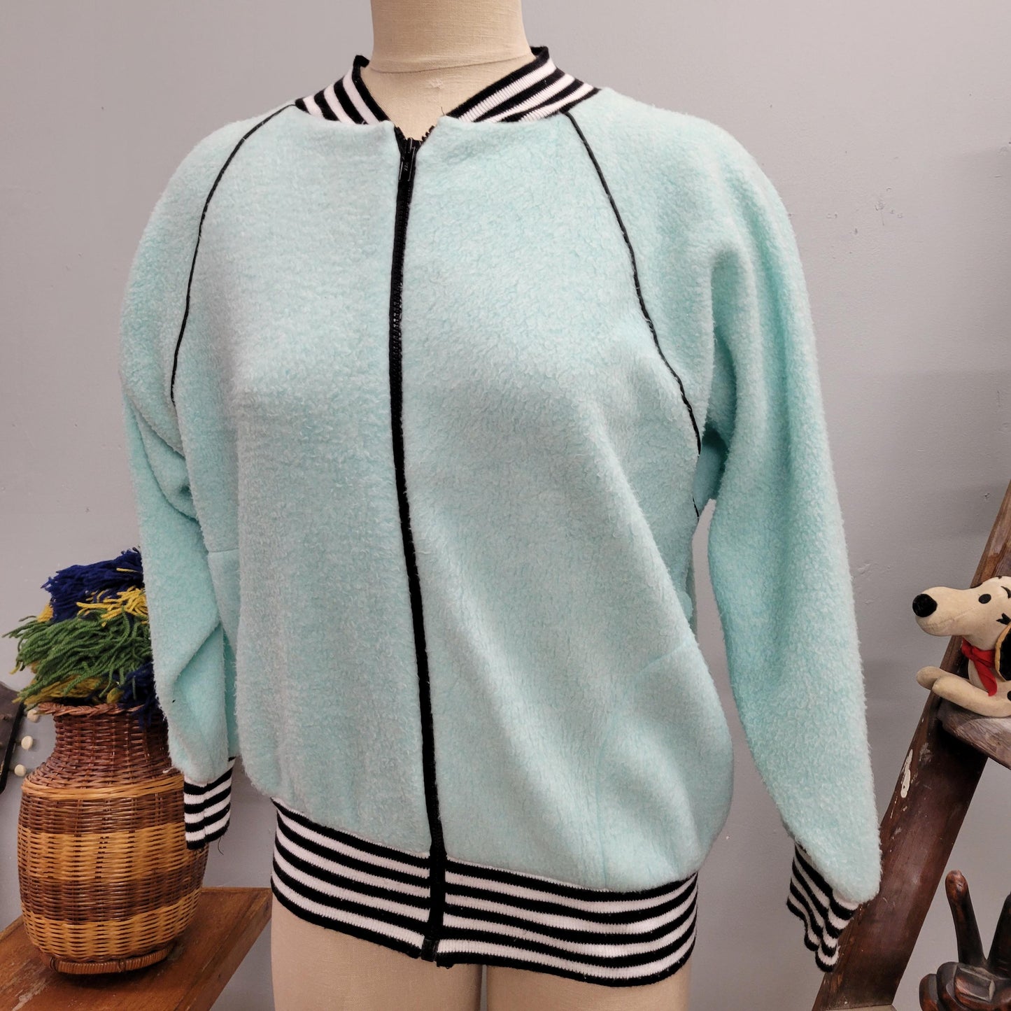 vtg 80s BLUE STRIPED FLEECE Jacket // vintage apple sider large unisex retro soft zip up sweater pastel black striped ringer jacket cozy top