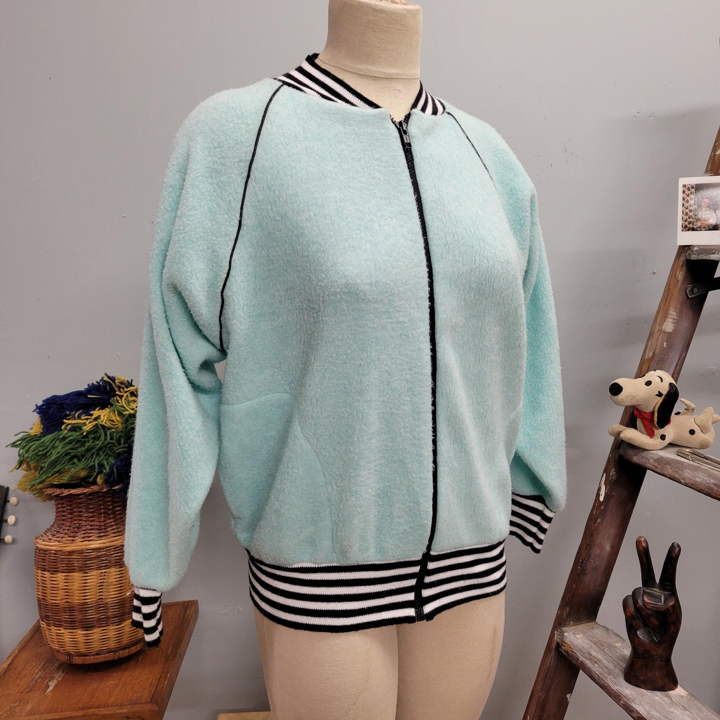 vtg 80s BLUE STRIPED FLEECE Jacket // vintage apple sider large unisex retro soft zip up sweater pastel black striped ringer jacket cozy top