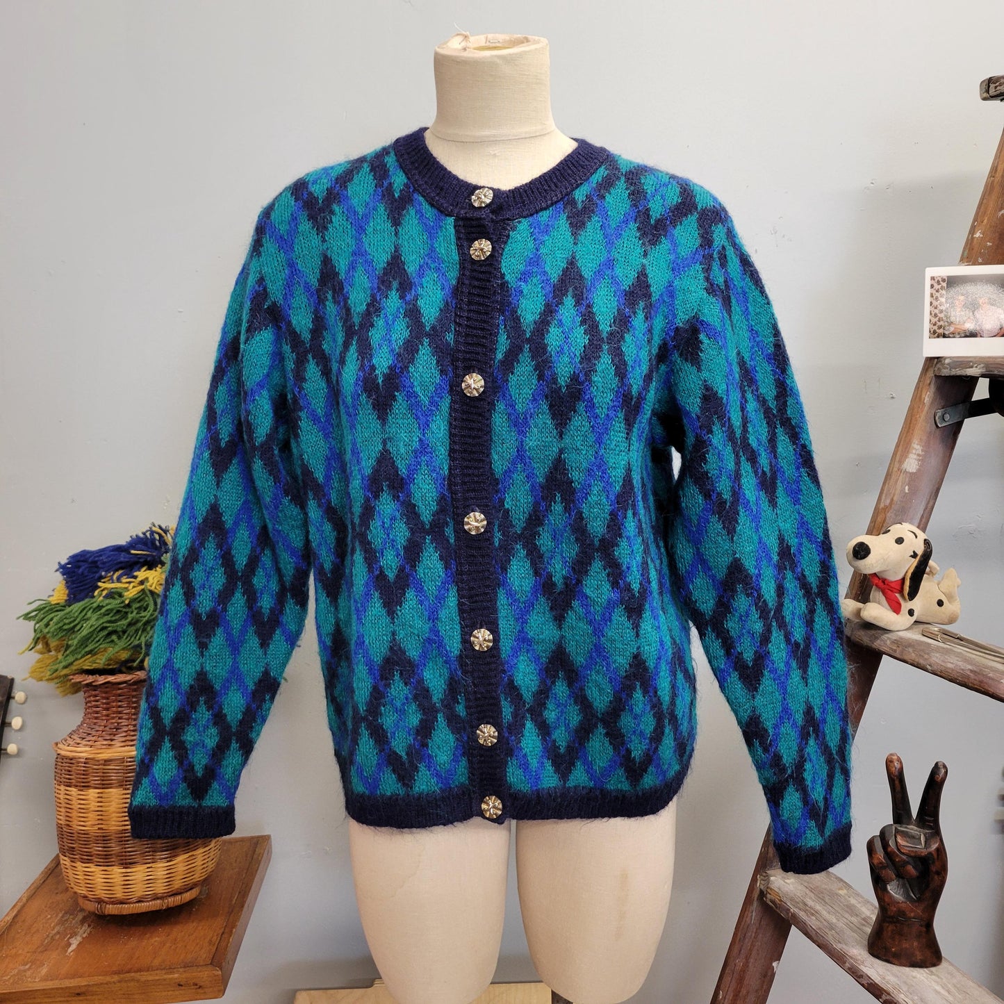 vtg 80s BLUE MOHAIR CARDIGAN // vintage edinburgh medium fuzzy argyle button sweater psychedelic stained glass style diamond check patterned