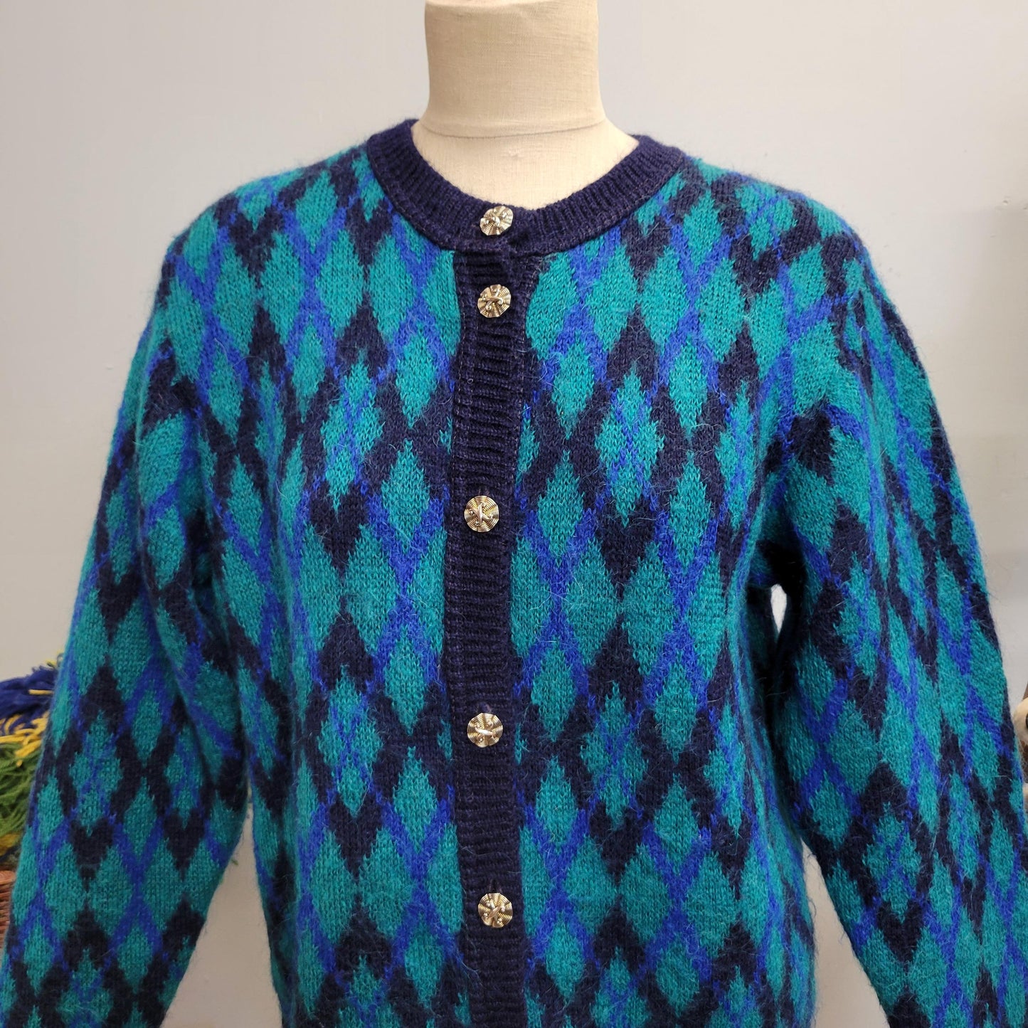 vtg 80s BLUE MOHAIR CARDIGAN // vintage edinburgh medium fuzzy argyle button sweater psychedelic stained glass style diamond check patterned