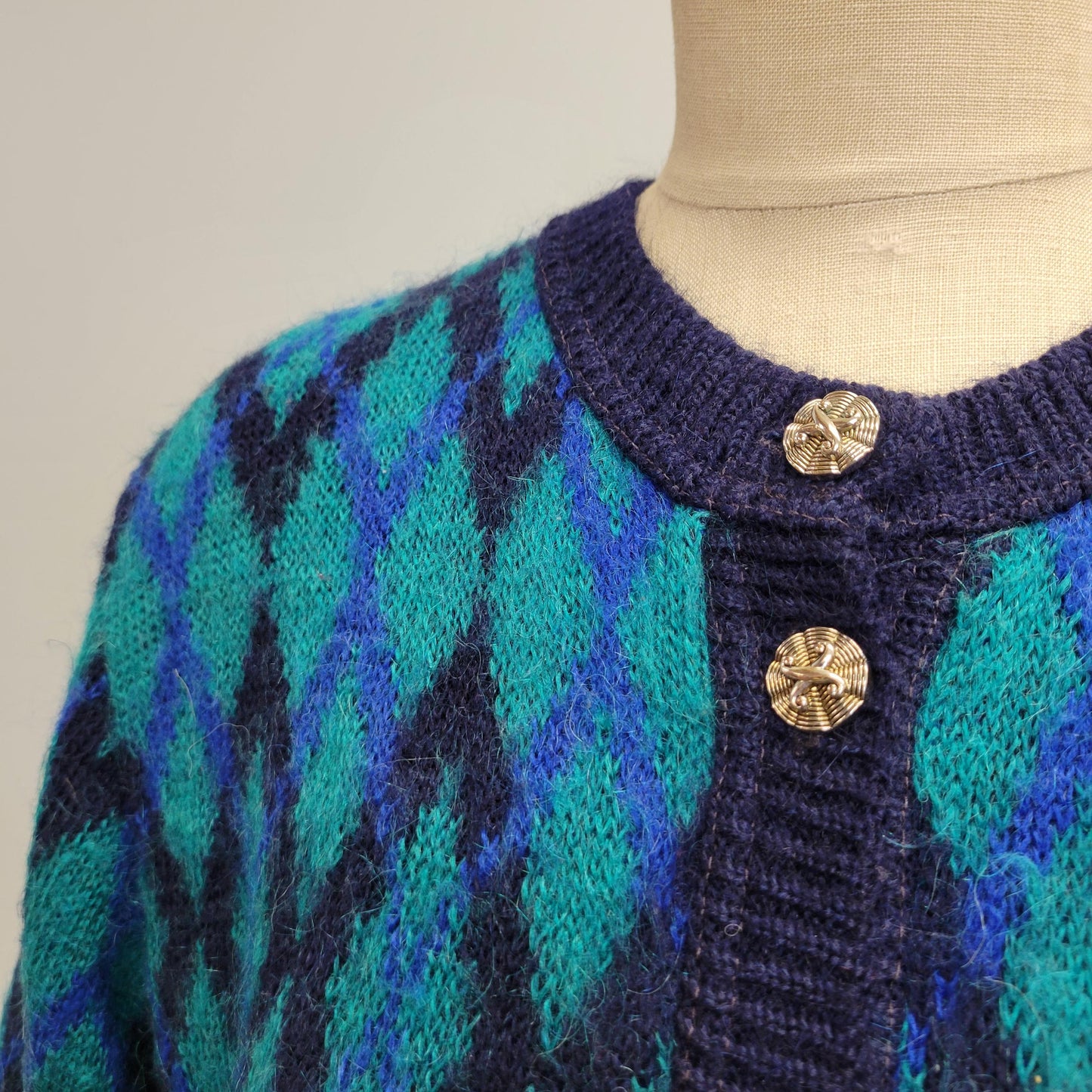 vtg 80s BLUE MOHAIR CARDIGAN // vintage edinburgh medium fuzzy argyle button sweater psychedelic stained glass style diamond check patterned