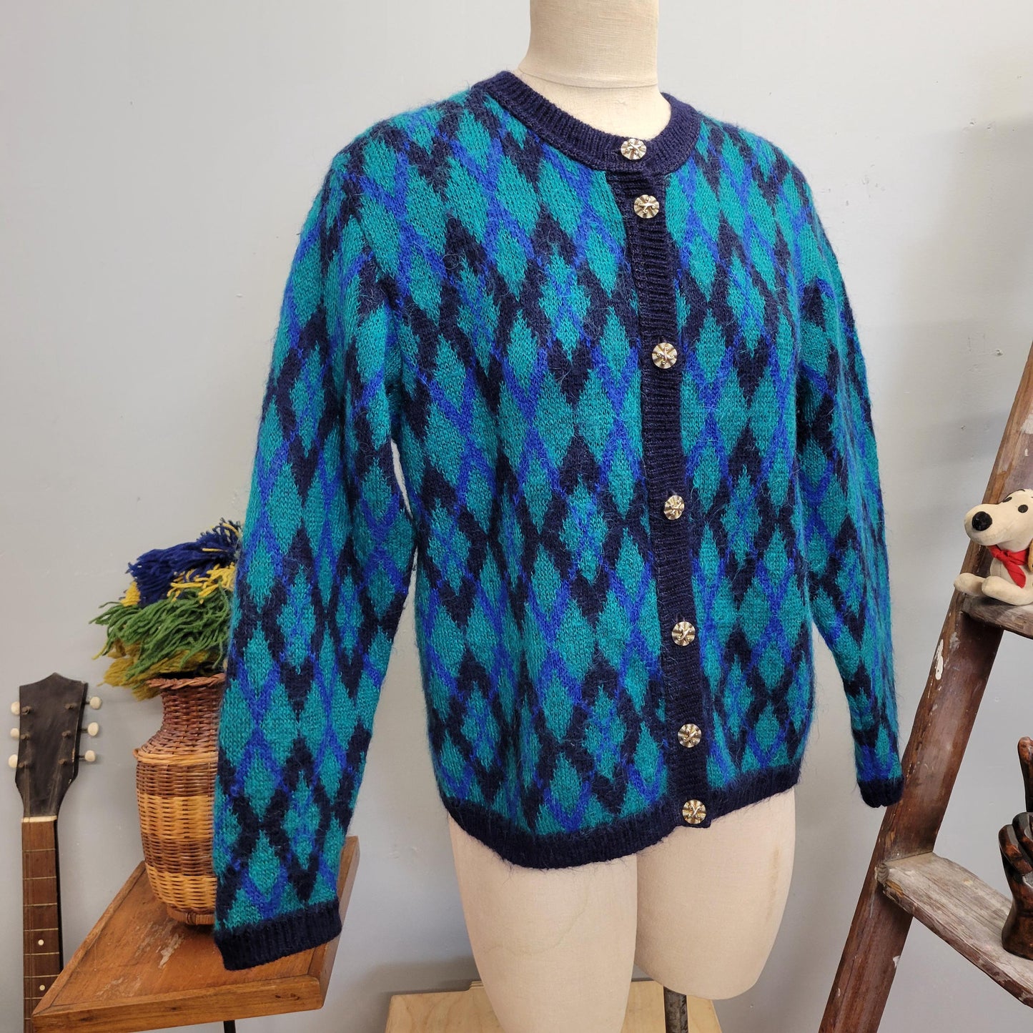 vtg 80s BLUE MOHAIR CARDIGAN // vintage edinburgh medium fuzzy argyle button sweater psychedelic stained glass style diamond check patterned