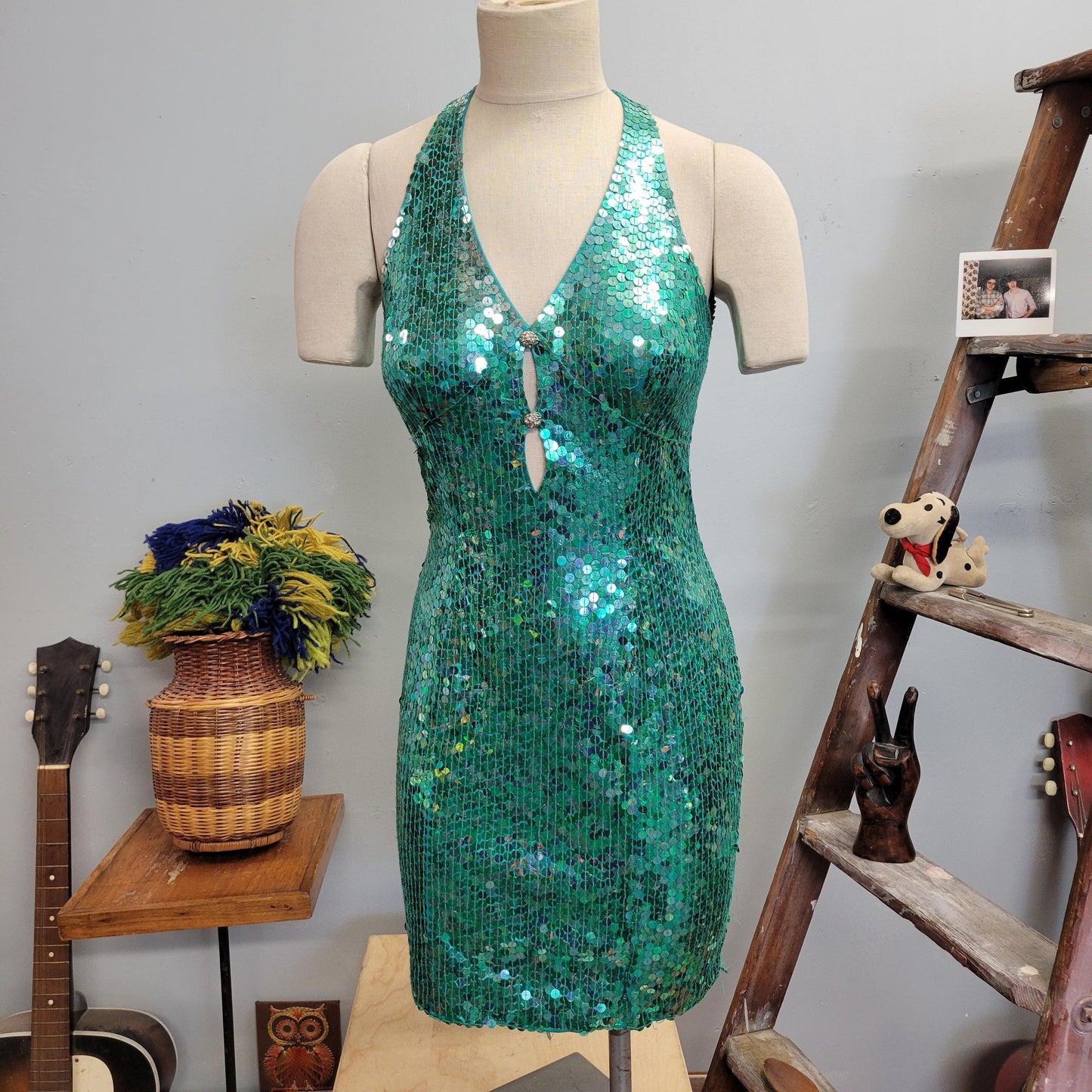 vtg 80s SEQUINED HALTER DRESS // vintage cut out mini cocktail holiday dress sexy deep vee plunge teal beaded new years prom wiggle low cut