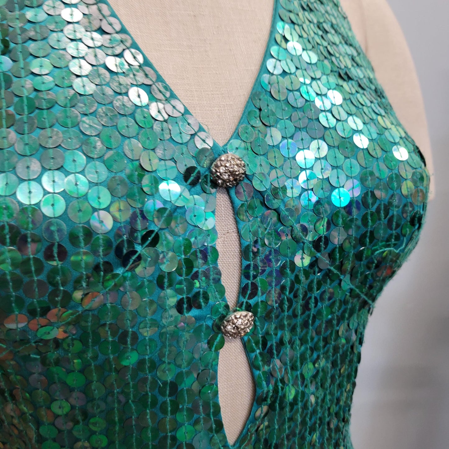 vtg 80s SEQUINED HALTER DRESS // vintage cut out mini cocktail holiday dress sexy deep vee plunge teal beaded new years prom wiggle low cut