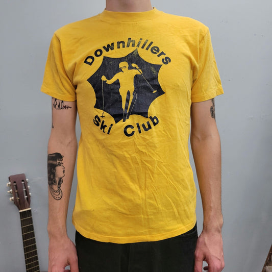 vtg 70s DOWN HILLERS SKI Club tshirt // vintage yellow thin cotton tko winter snow sport team outdoor skiing slopes mountains retro graphic