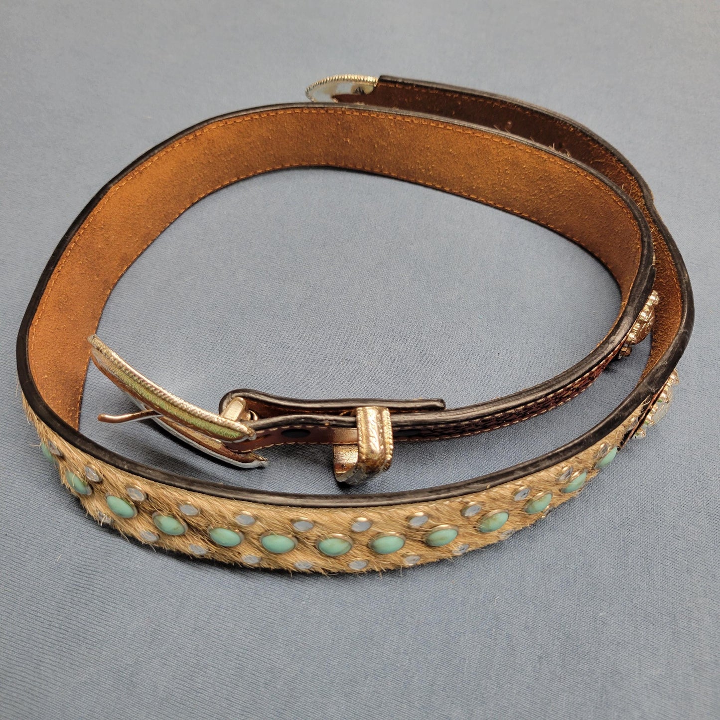 vtg 70s COW FUR BELT // vintage leather size 32 unisex bling leather belt turquoise bejeweled western rodeo conch cowgirl retro hippie biker