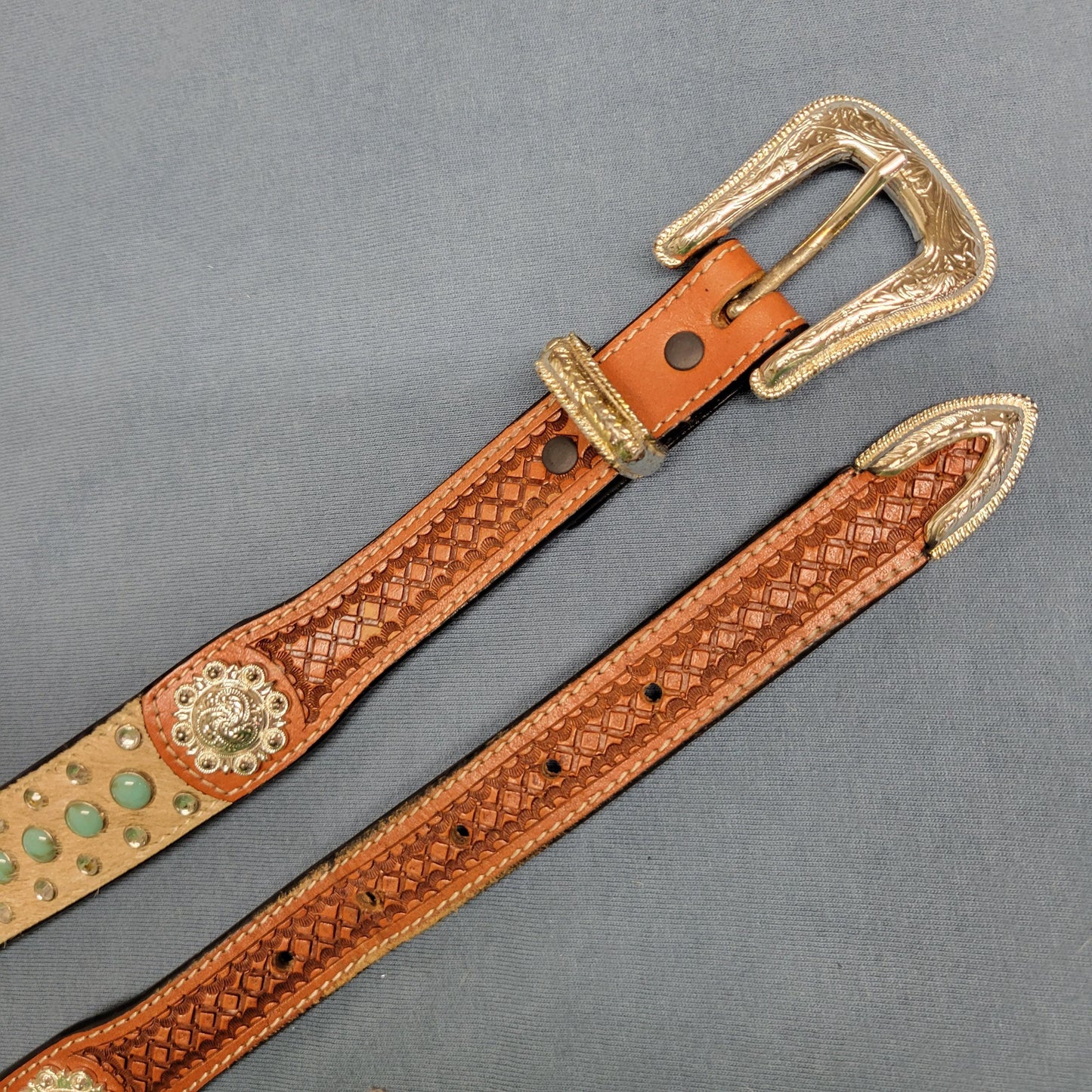 vtg 70s COW FUR BELT // vintage leather size 32 unisex bling leather belt turquoise bejeweled western rodeo conch cowgirl retro hippie biker
