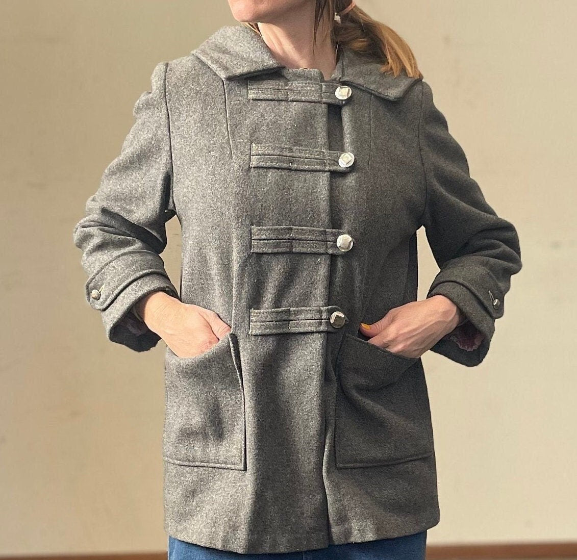 vtg 60s GRAY HOODED PEACOAT // vintage womens small wool winter coat button up military band style collared minimalist neutral autumn style