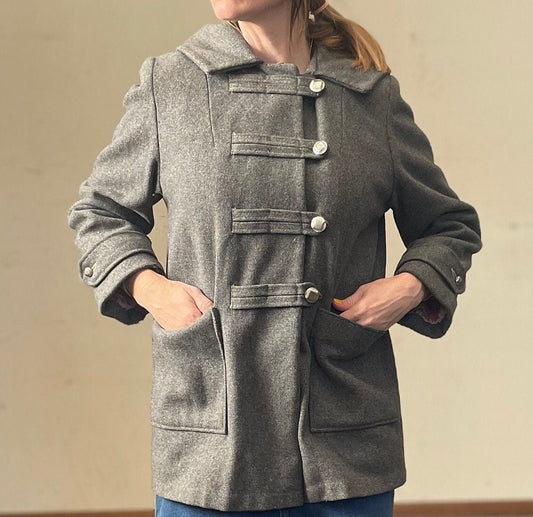 vtg 60s GRAY HOODED PEACOAT // vintage womens small wool winter coat button up military band style collared minimalist neutral autumn style