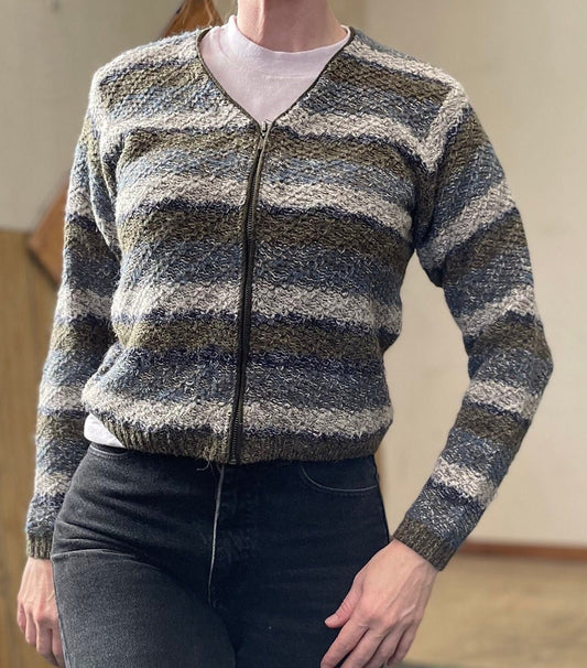 vtg 90s FITTED SILK SWEATER // vintage phoebe buffay style womens small zip up textured striped knit cardigan casual neutral tones winter