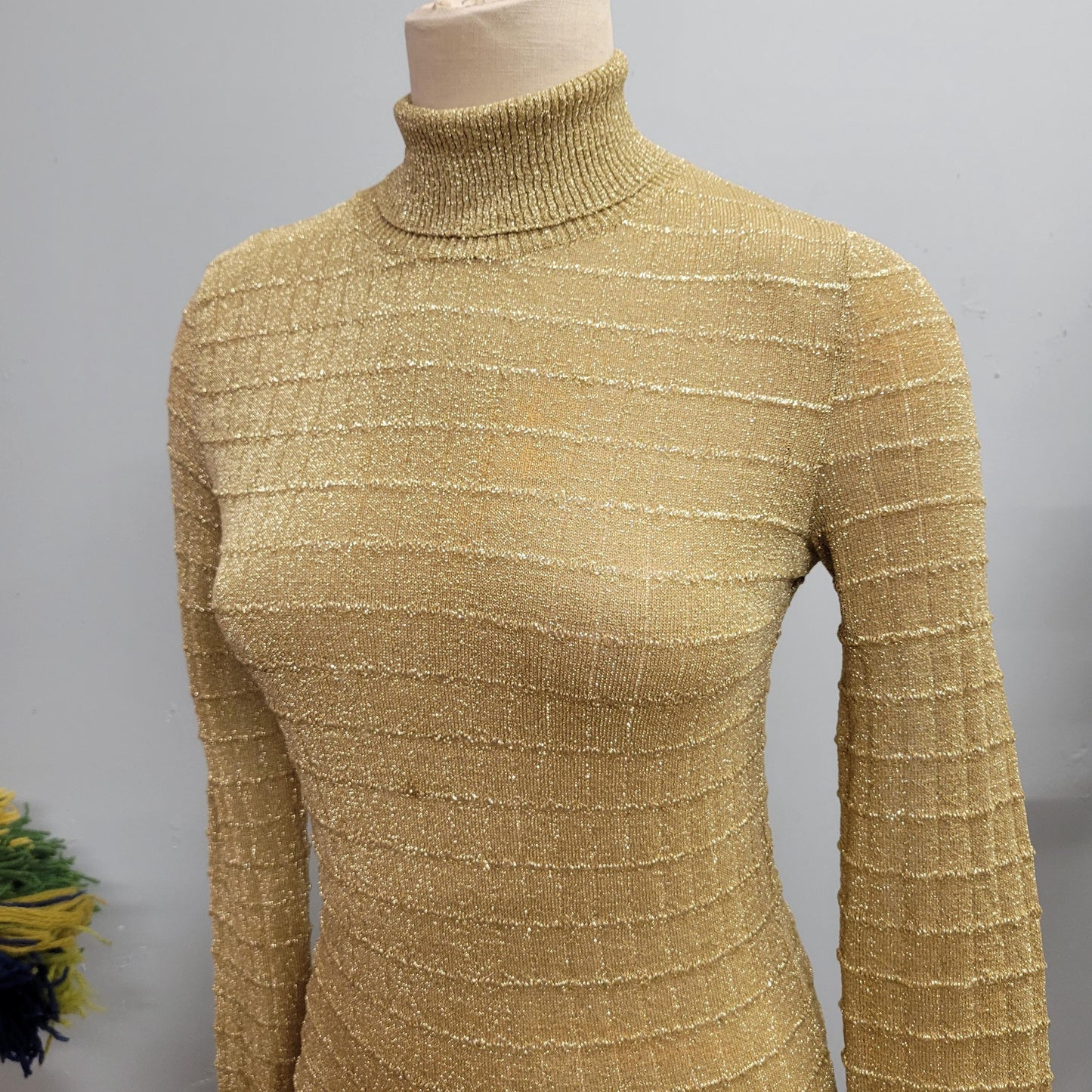 vtg 80s GOLD LUREX TOP // vintage womens medium lurex ribbed 3d textured sparkly glitter mesh mock neck top nicole for arbe disco blouse top