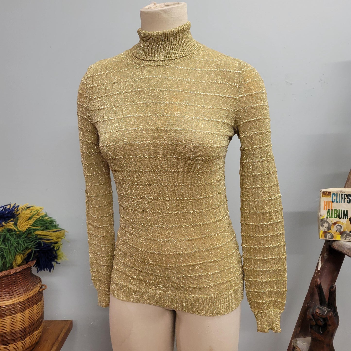 vtg 80s GOLD LUREX TOP // vintage womens medium lurex ribbed 3d textured sparkly glitter mesh mock neck top nicole for arbe disco blouse top