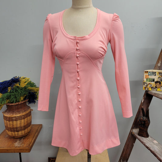 vtg 60s PINK CUT OUT Dress // vintage mikey jrs womens small pastel fairy mesh embroidered scoop mod retro Barbie cute winter figure skating
