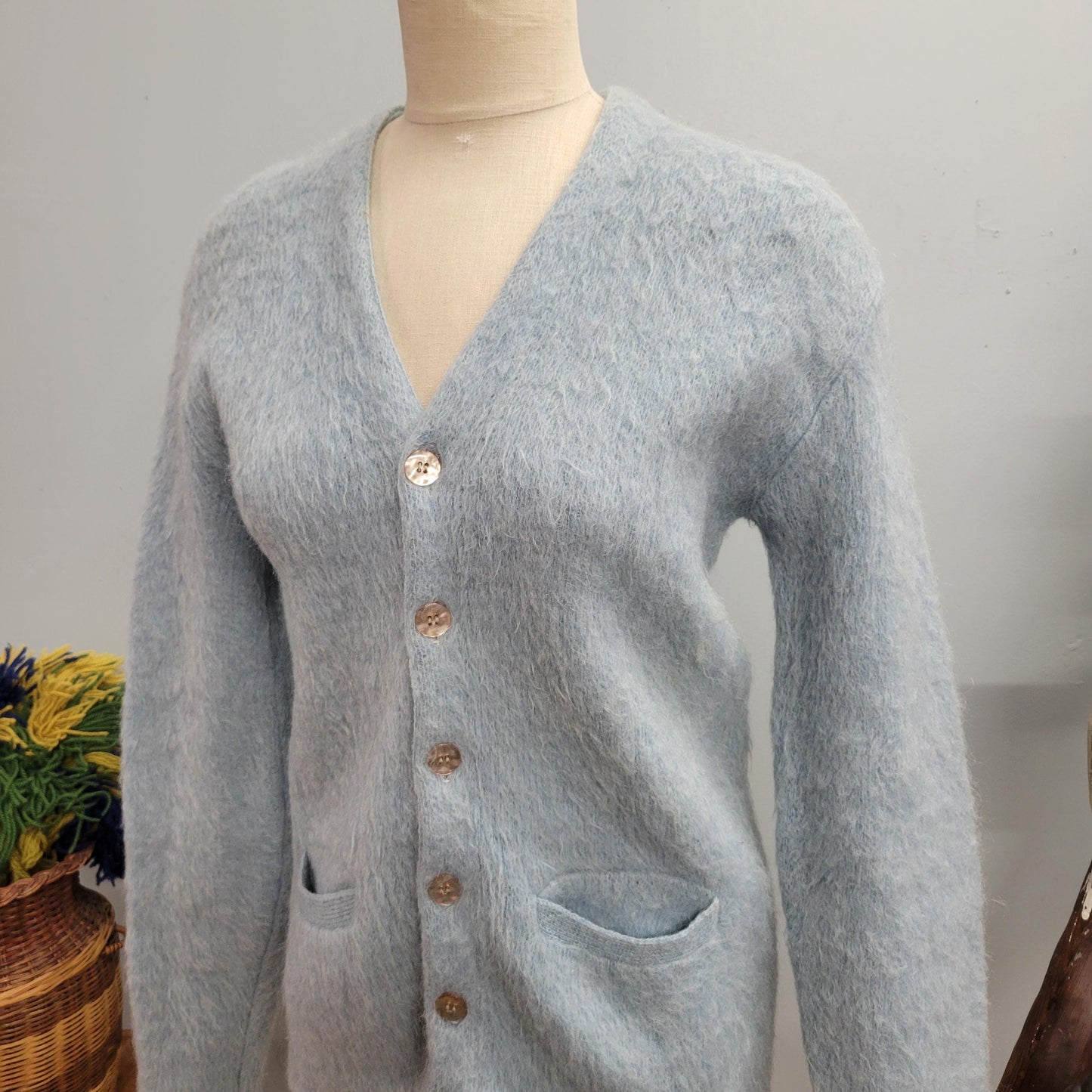 vtg 70s BLUE MOHAIR SWEATER // vintage ice blue cardigan medium v neck shaggy kurt cobain fuzzy pastel button up autumn winter minimalist