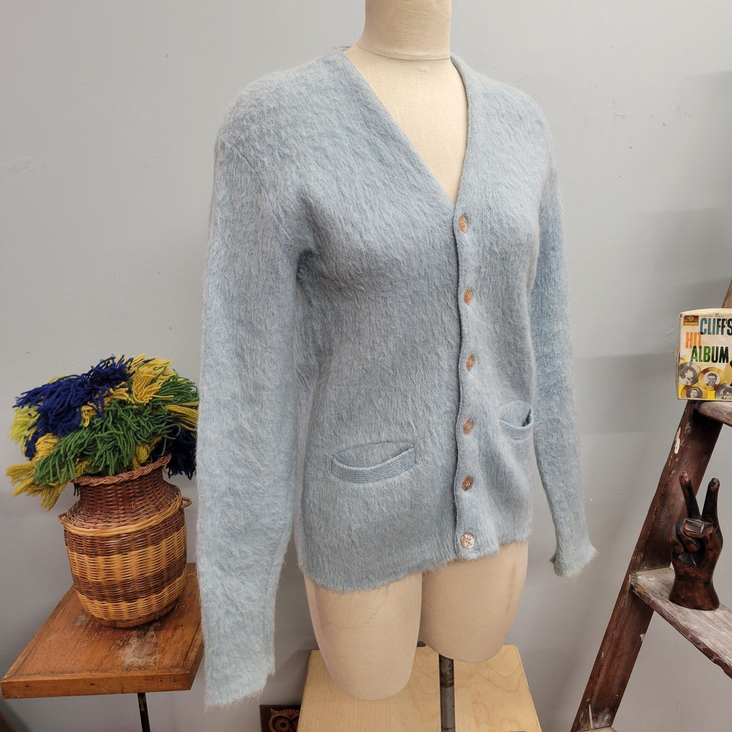 vtg 70s BLUE MOHAIR SWEATER // vintage ice blue cardigan medium v neck shaggy kurt cobain fuzzy pastel button up autumn winter minimalist