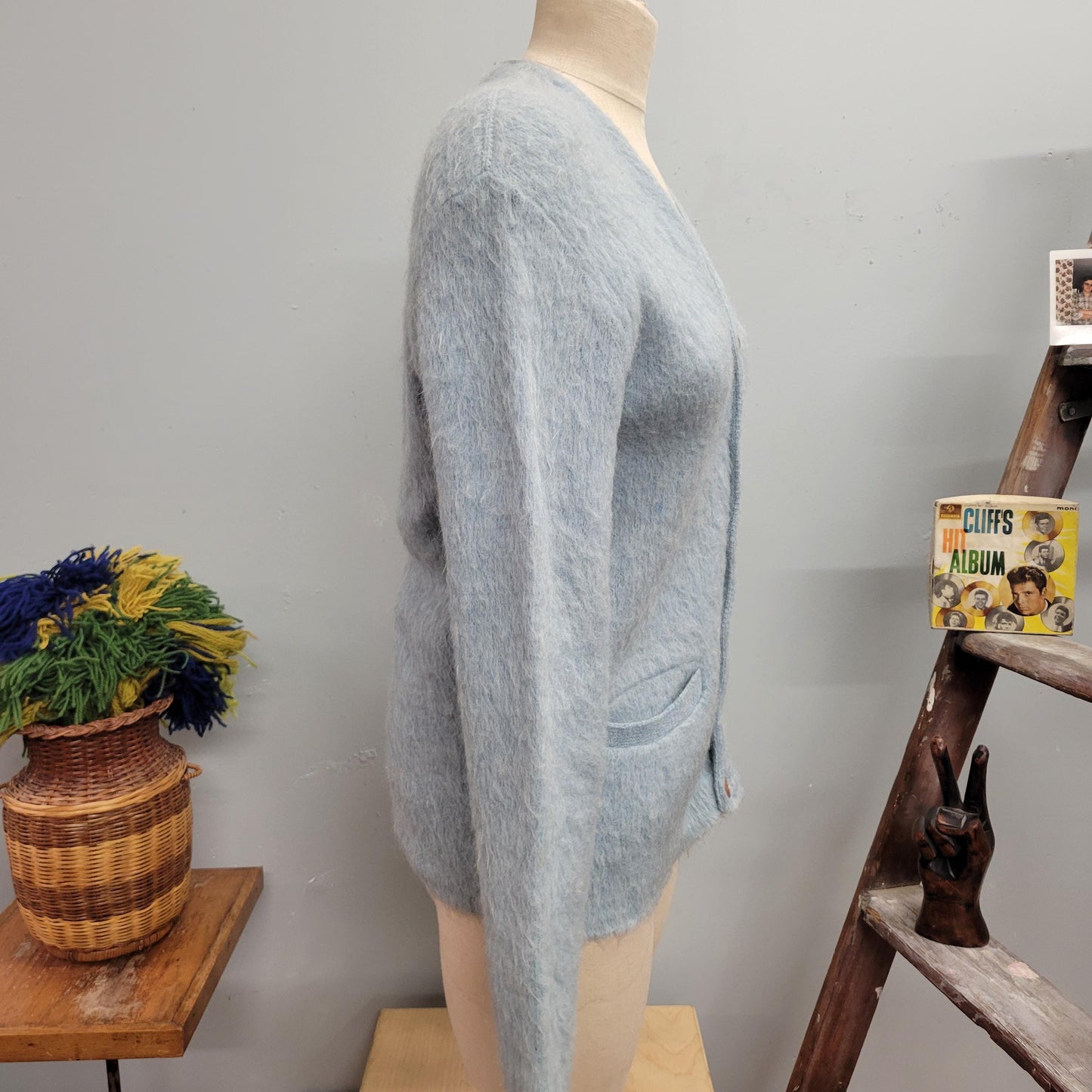vtg 70s BLUE MOHAIR SWEATER // vintage ice blue cardigan medium v neck shaggy kurt cobain fuzzy pastel button up autumn winter minimalist