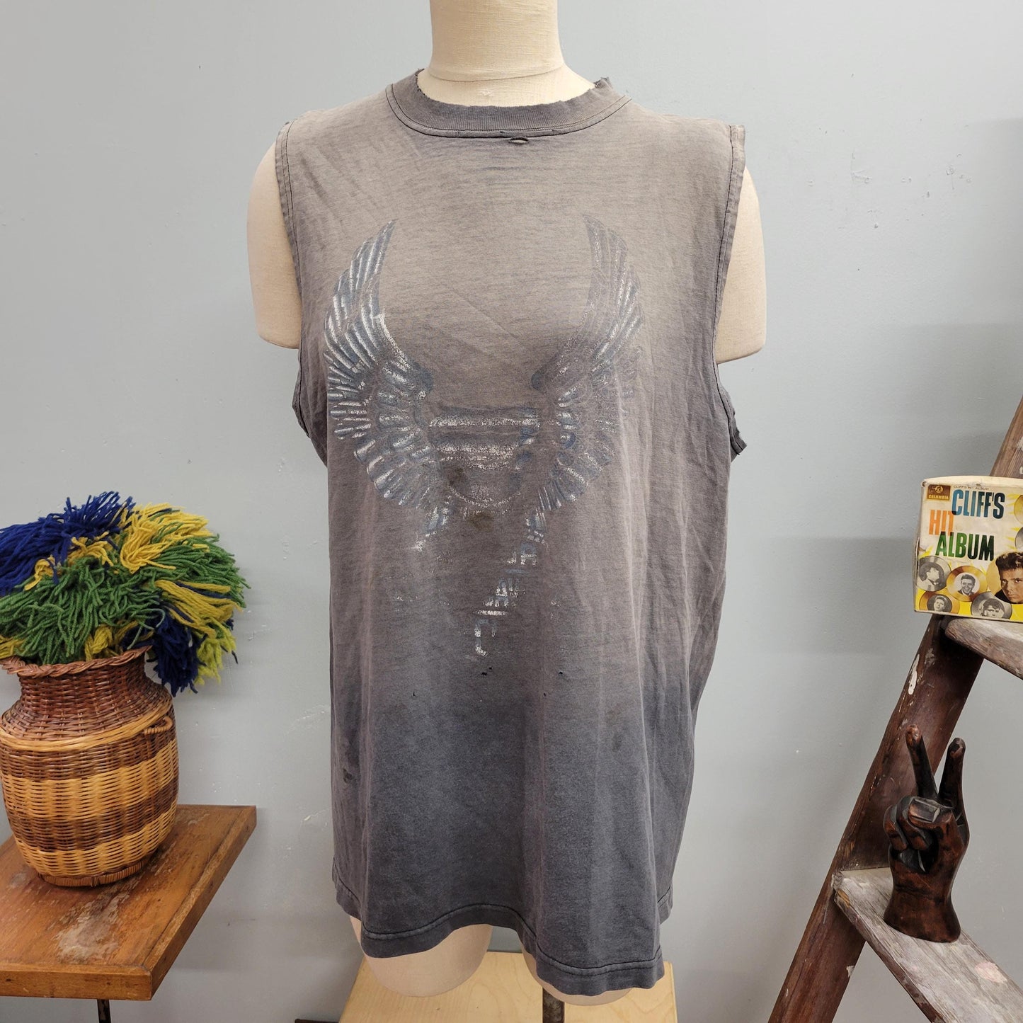 vtg 80s HARLEY DAVIDSON MUSCLE tee // vintage distressed tshirt tank top xl worn in faded wings motorcycle biker babe sexy t shirt dress