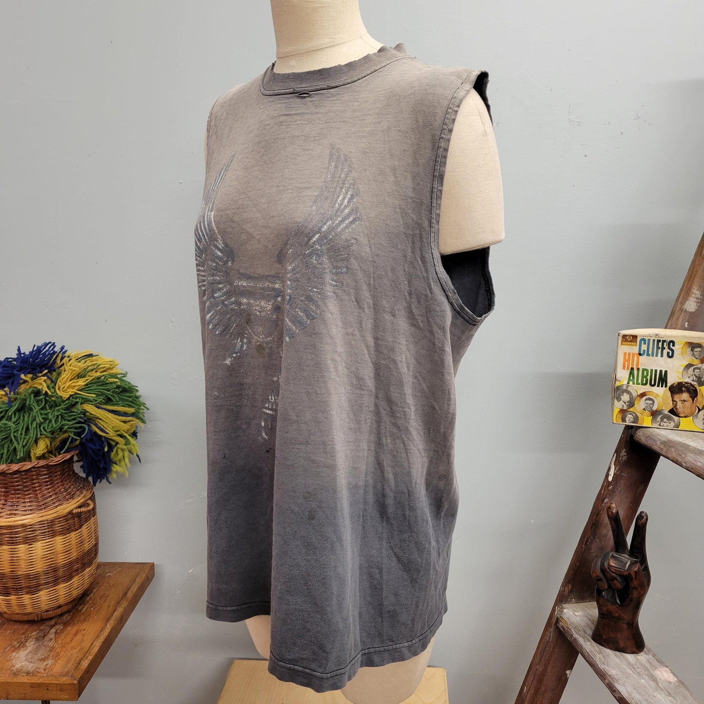 vtg 80s HARLEY DAVIDSON MUSCLE tee // vintage distressed tshirt tank top xl worn in faded wings motorcycle biker babe sexy t shirt dress