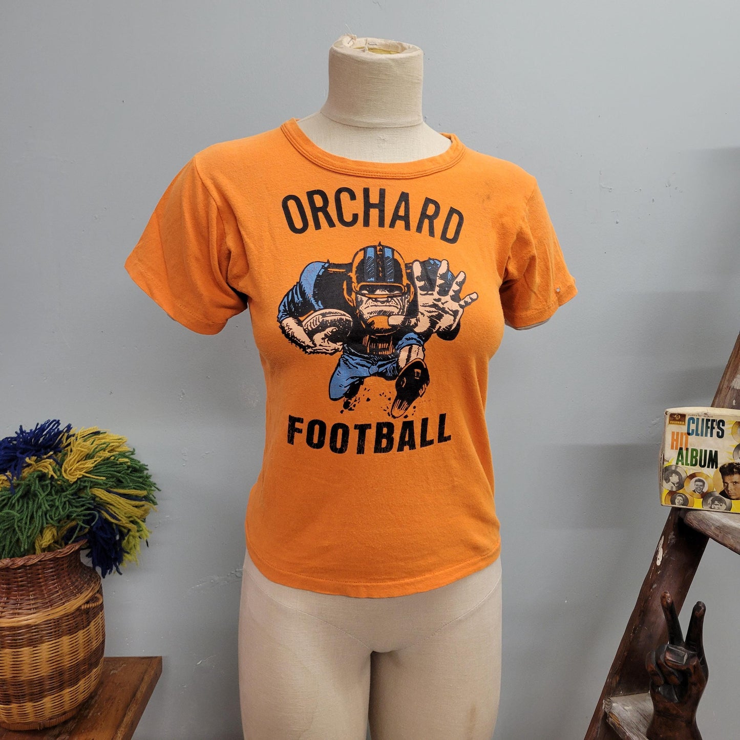 vtg 70s ORCHARD FOOTBALL TSHIRT // vintage russell small playoff cute femme style french cut iron on sports graphic baby tee soft thin top