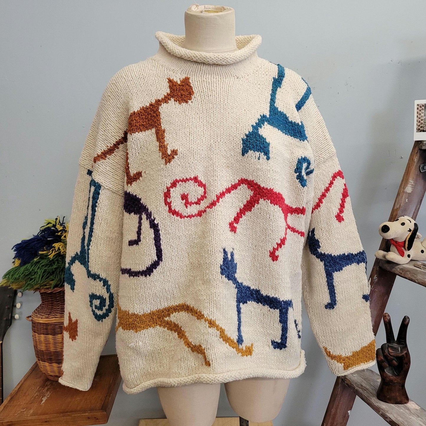 vtg 80s WOOL CAT SWEATER // vintage womens xl chunky knit slouchy funky all over print cat lover funnel neck oversized thick winter fashion