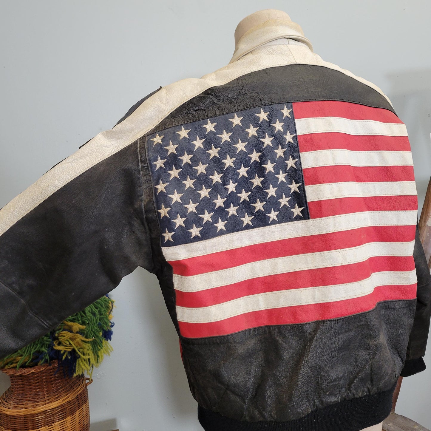 vtg 80s USA LEATHER JACKET // vintage michael hoban where mi north beach medium american bomber striped coat patriot flag pattern winter