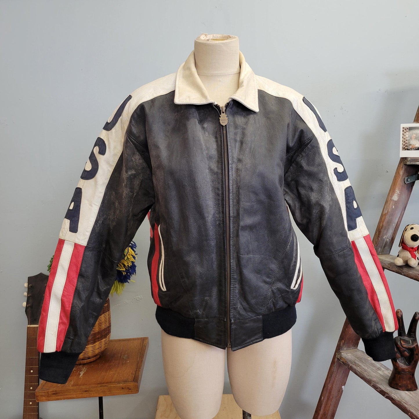vtg 80s USA LEATHER JACKET // vintage michael hoban where mi north beach medium american bomber striped coat patriot flag pattern winter
