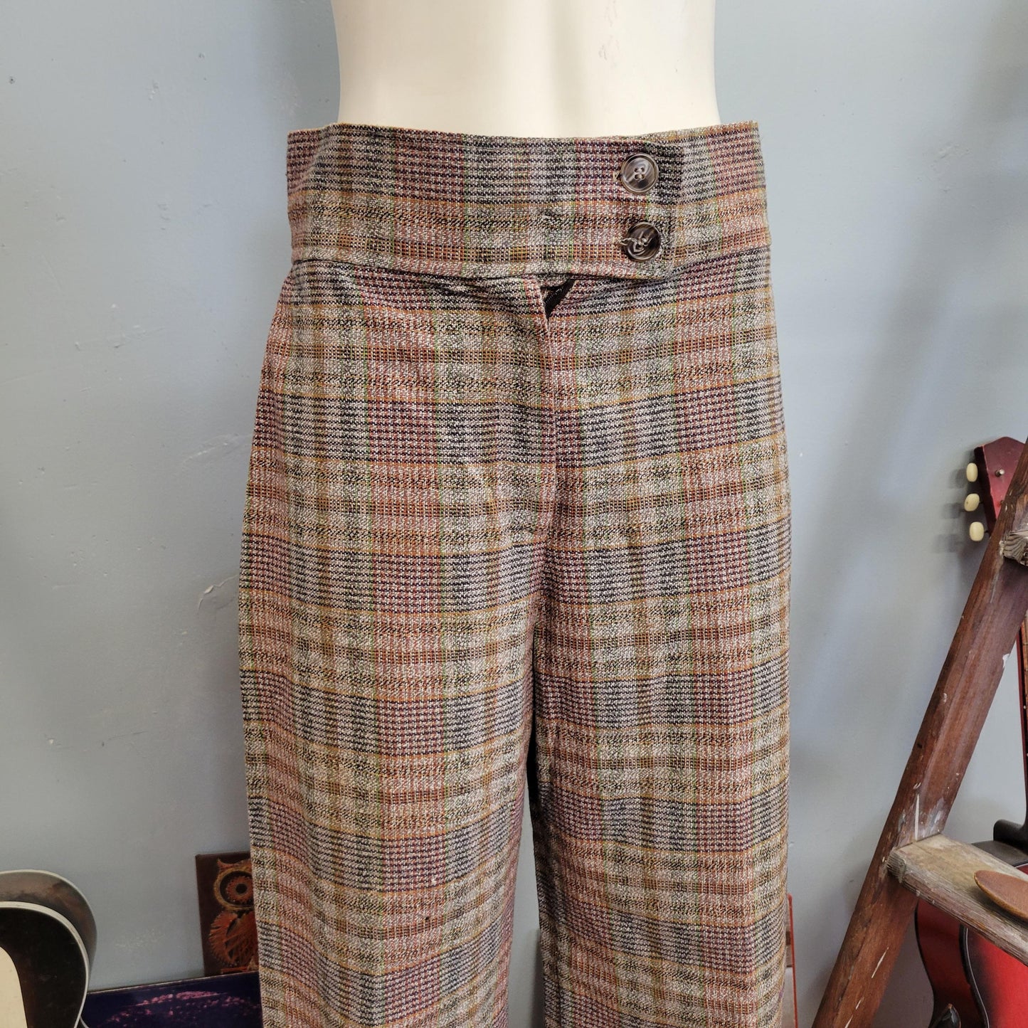 vtg 70s PLAID BELL BOTTOMS // vintage womens pants size 27/28 high waisted wide leg flare pants neutral earth tones hippie boho retro winter