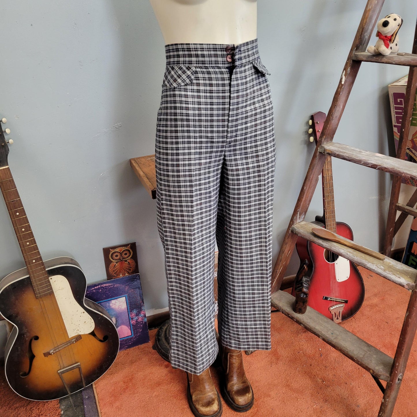 vtg 70s PLAID HIGH WAISTED Pants // vintage womens 25  x 28  "time and place" slacks cute double button flap pockets cropped kick flare boot