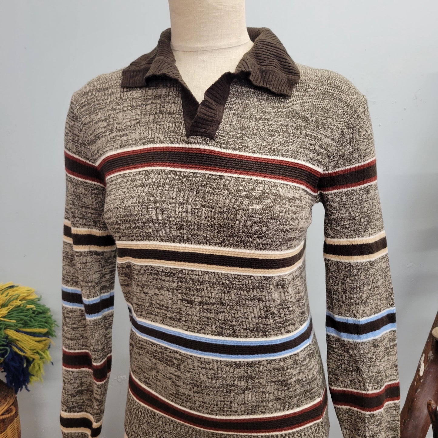 vtg 70s STRIPED SWEATER TOP // vintage gary reed small unisex retro autumn tones collared knit long sleeve striped that 70s show tv style