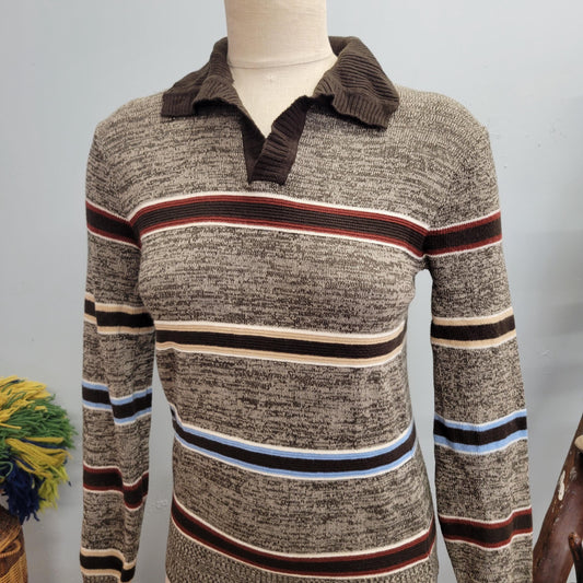 vtg 70s STRIPED SWEATER TOP // vintage gary reed small unisex retro autumn tones collared knit long sleeve striped that 70s show tv style