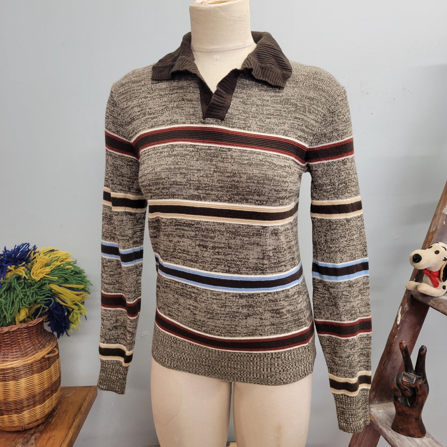 vtg 70s STRIPED SWEATER TOP // vintage gary reed small unisex retro autumn tones collared knit long sleeve striped that 70s show tv style