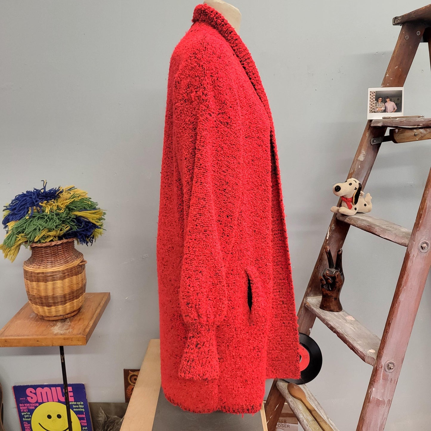 vtg 80s LONG KNIT CARDIGAN // vintage sideffects womens small oversized black red space dye shawl collar sweater jacket autumn winter coat