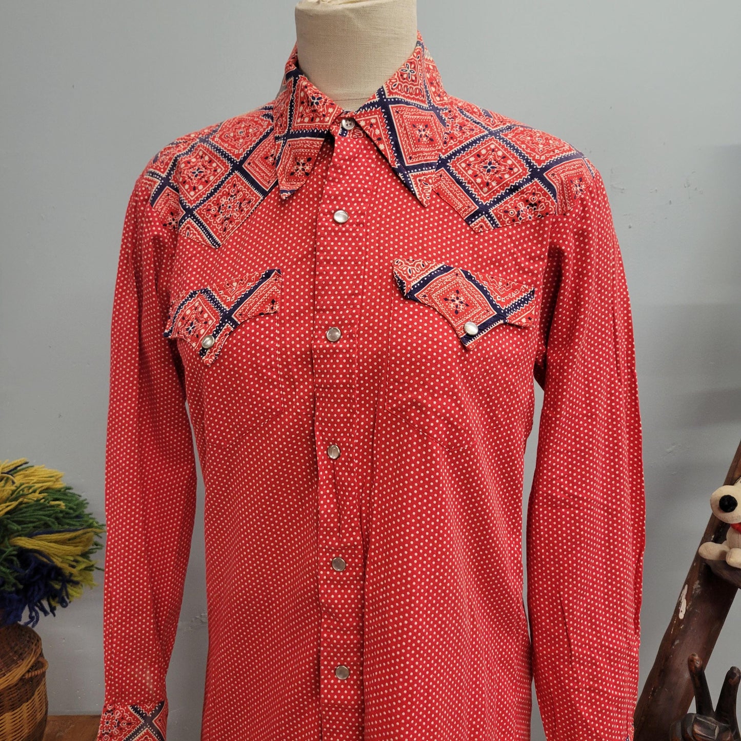 vtg 70s WESTERN BUTTON DOWN // vintage h bar c california ranchwear mens medium distressed bandana pattern hippie pearl snap cowboy rodeo