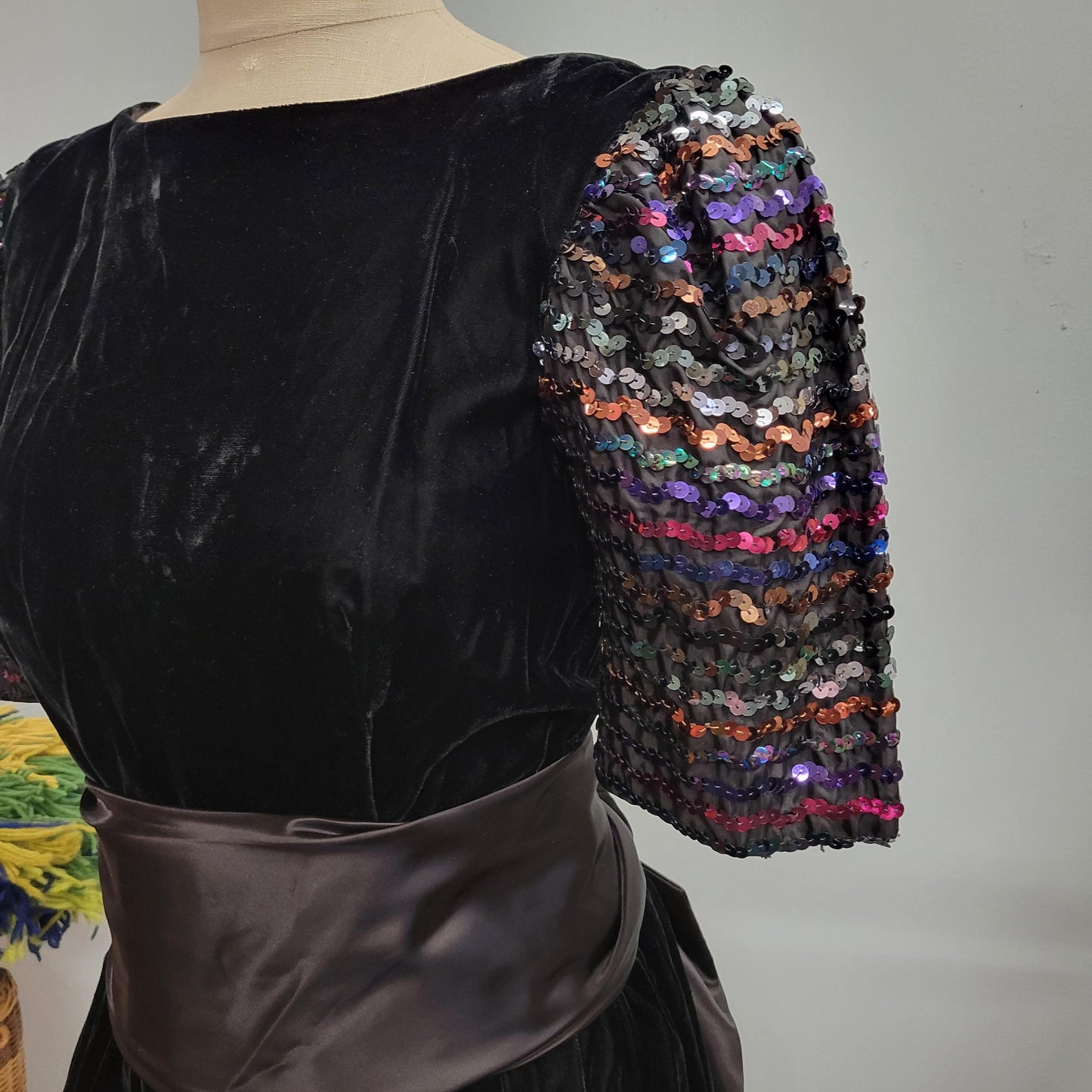 vtg 70s VELVET SEQUINED DRESS // vintage neiman marcus womens small rainbow beaded puff sleeve satin black velvet retro prom formal bow tie