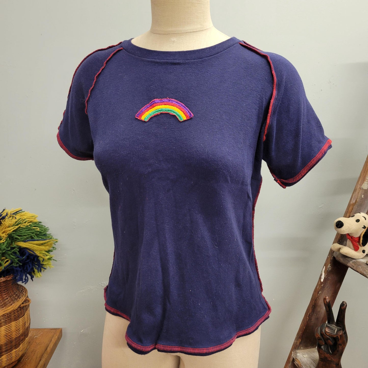 vtg 70s RAINBOW EMBROIDERED TOP // vintage wrangler tshirt medium women’s super retro hippie style French cut femme fit cute California tee