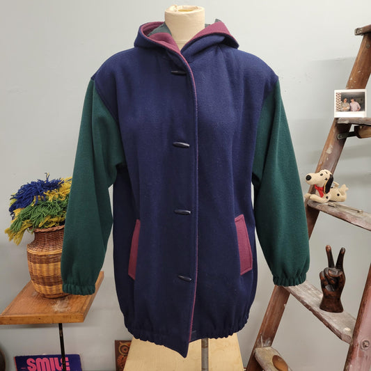 vtg 80s COLORBLOCK WINTER JACKET // vintage maggie lawrence womens medium tri tone multicolor hooded autumn cozy casual warm wool overcoat